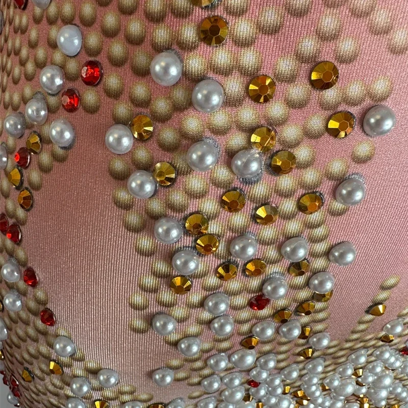 จั๊มสูทประดับเพชรพลอยสีชมพู ชุดเซ็กซี่สำหรับงานปาร์ตี้ งานเทศกาล ชุดสำหรับผู้หญิง ชุดนักเต้นดีเจ ชุดนักเต้นโกโก้ ชุดแสดงบนเวที ชุดเรฟ ไซส์ XS6000