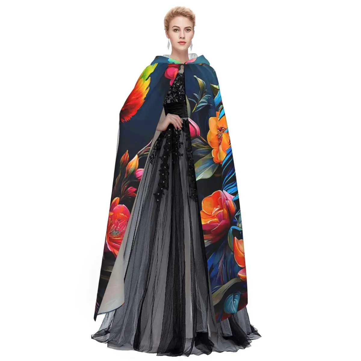 Black Retro Tropical Parrot Long Hooded Cloak Witch Medieval Costume Cosplay Cape HalloweenVampire Adult Unisex view 4