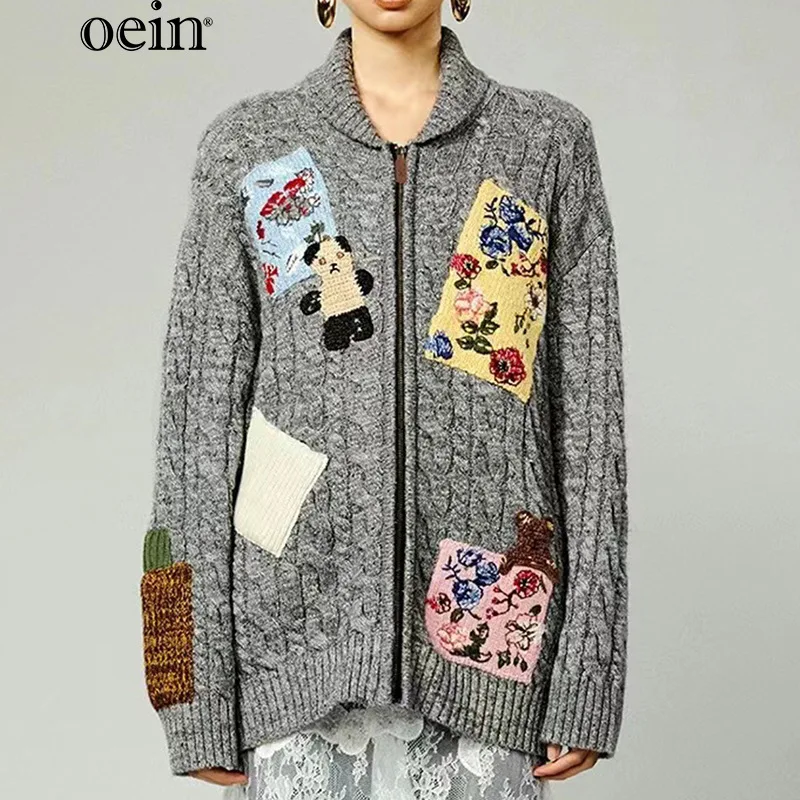 

[oein] 2024 Niche Autumn/Winter New Fun Patch Zipper Cardigan Cute Age Reducing Sweater Versatile Top For Women