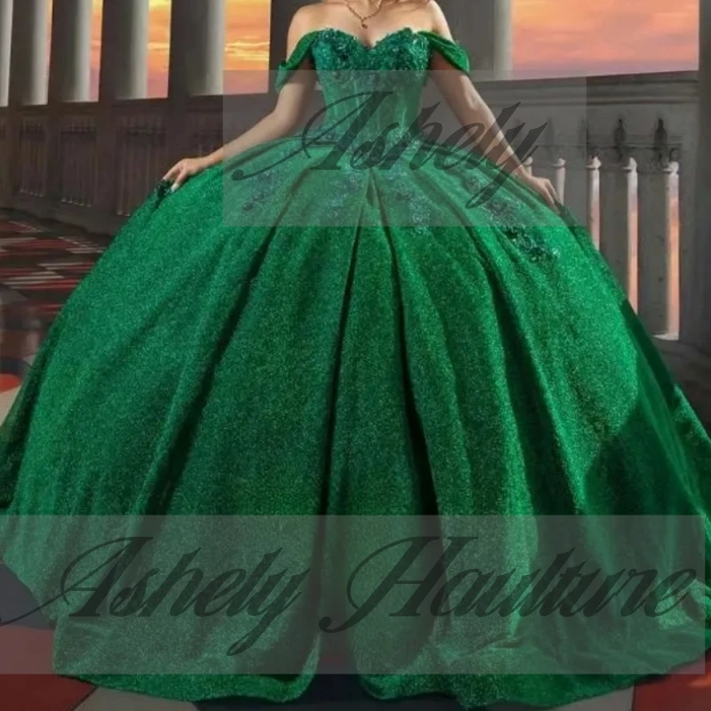 Elegante Abito Verde da Cerimonia per Donna, Vestito da Ballo con Spalle Scoperte e Applicazioni in Pizzo, Abito da Quinceañera Personalizzato per Ragazze di 15-16 Anni