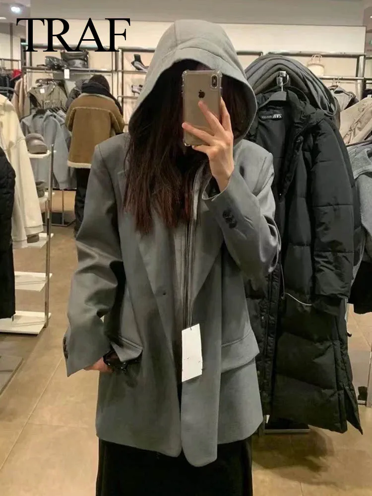 ONKOGENE 2024 frauen Casual Blazer Langarm Mit Kapuze Gespleißt Taschen Solide Gefälschte Zwei Stück Weibliche Mode Vintage Tops Chic jacke