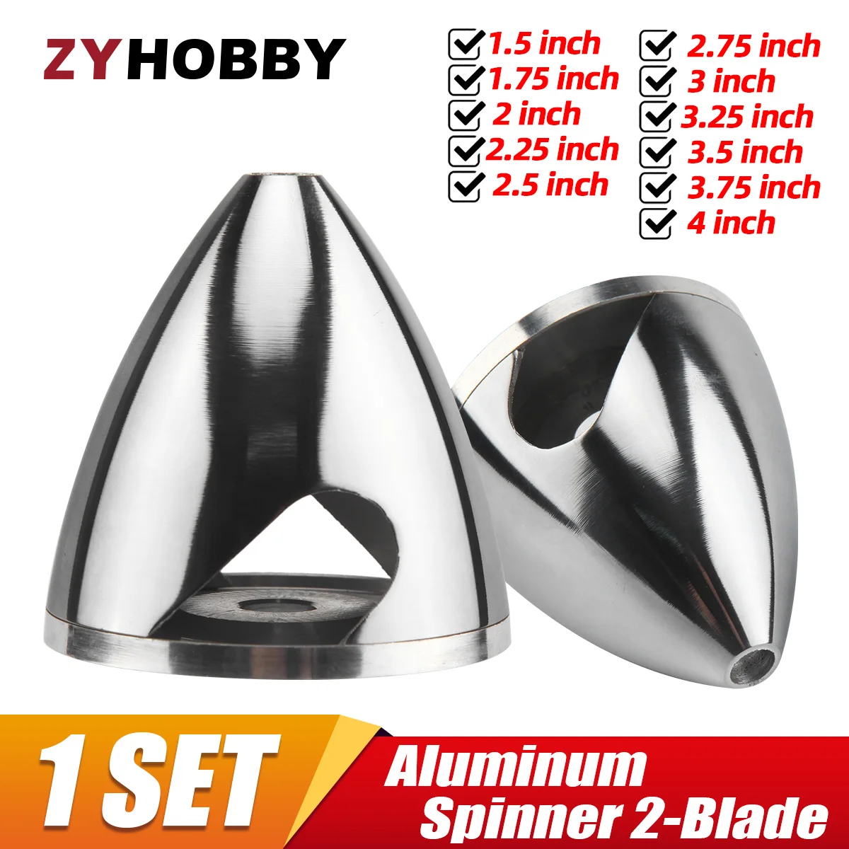 Spinner de aluminio, cono perforado especial de 2 hojas con adaptador de apoyo para modelo de avión RC de 1,5/1,75/2/2,25/2,5/2,75/3/3,5/4 pulgadas