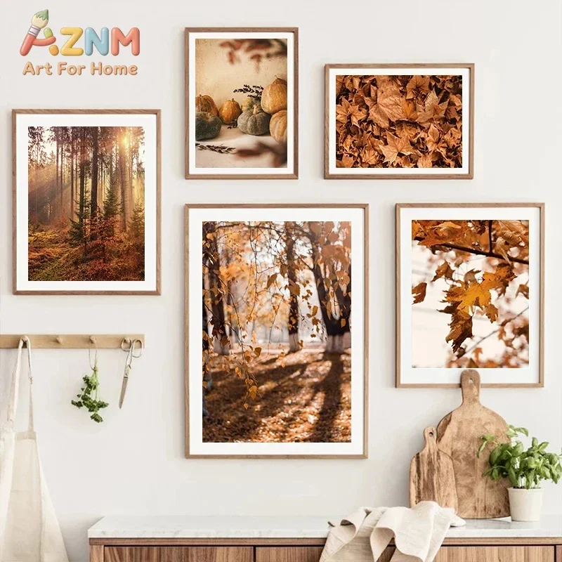 AZNM Golden Autumn Forest Canvas Wall Art Sunlit Woodland Maple Leaf Pumpkin Fall Nature Picture Rustic Farmhouse Kitchen Unfram