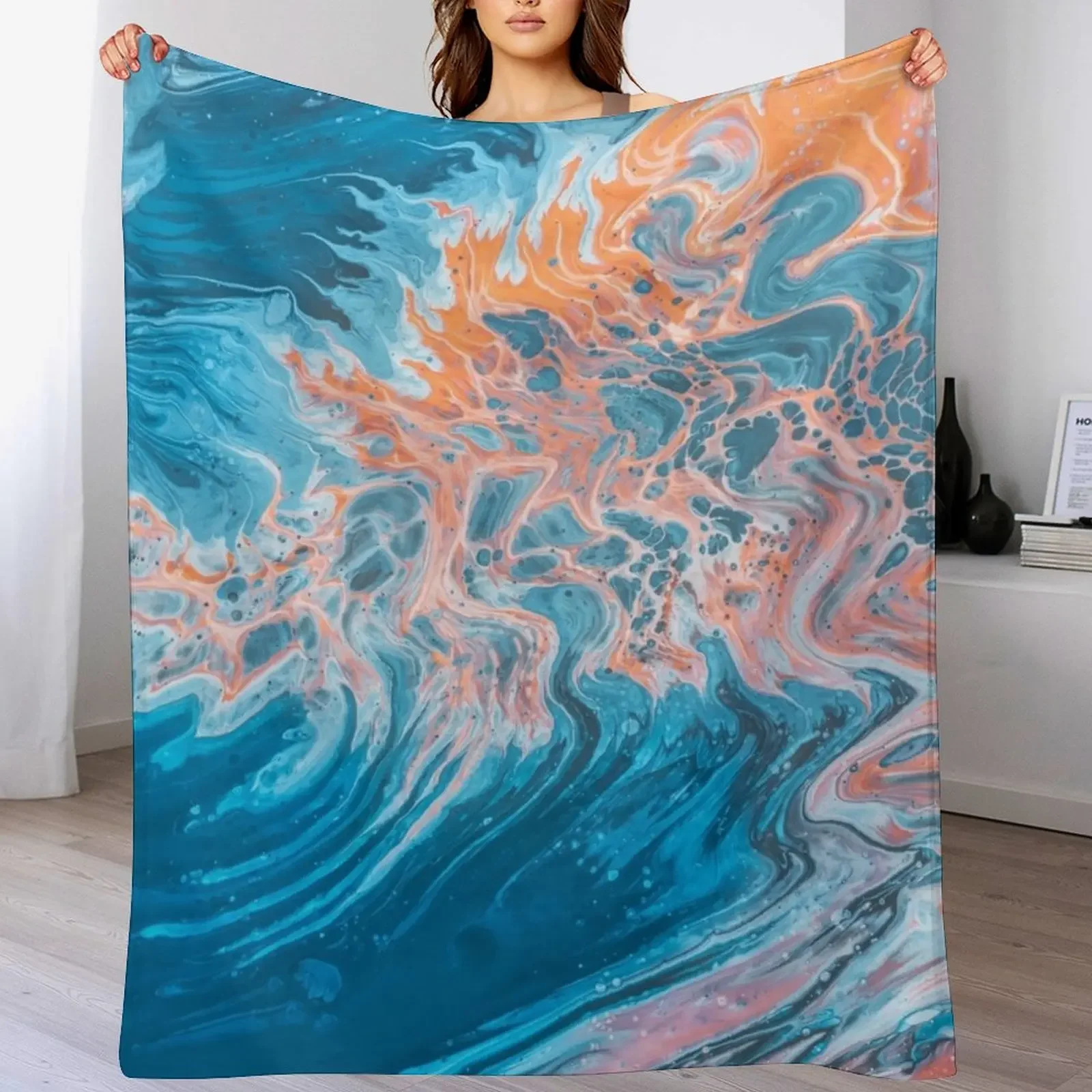 

New Blue and Orange Abstract Painting Throw Blanket Cozy Sofa Blanket for TV Watching Napping