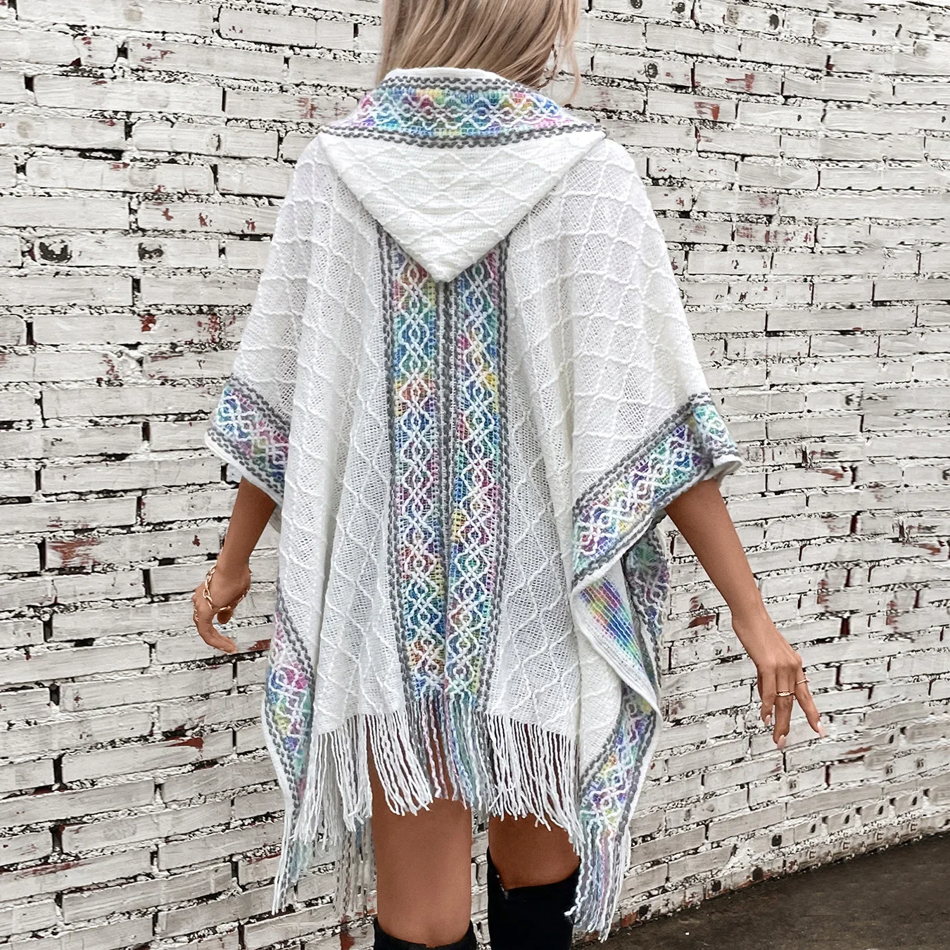 Women Vintage Knitted Hooded Poncho Cape Print Tassel Shawl Open Stitch Cloak Sleeveless Vest Sweater Elegant Office Lady