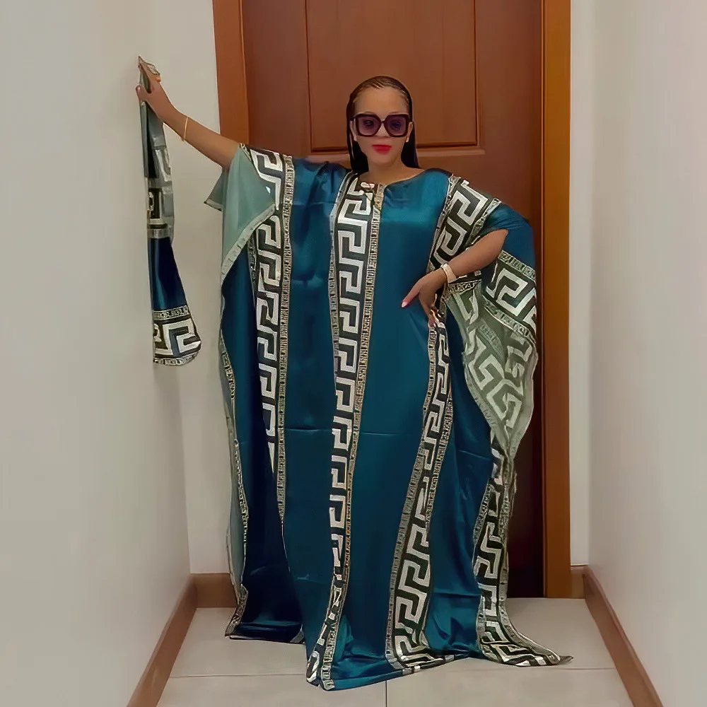 African Dresses For Women Traditional Plus Size Africa Clothing Bat Sleeve Maxi Dress and Scarf Abayas Dubai Muslim Robe