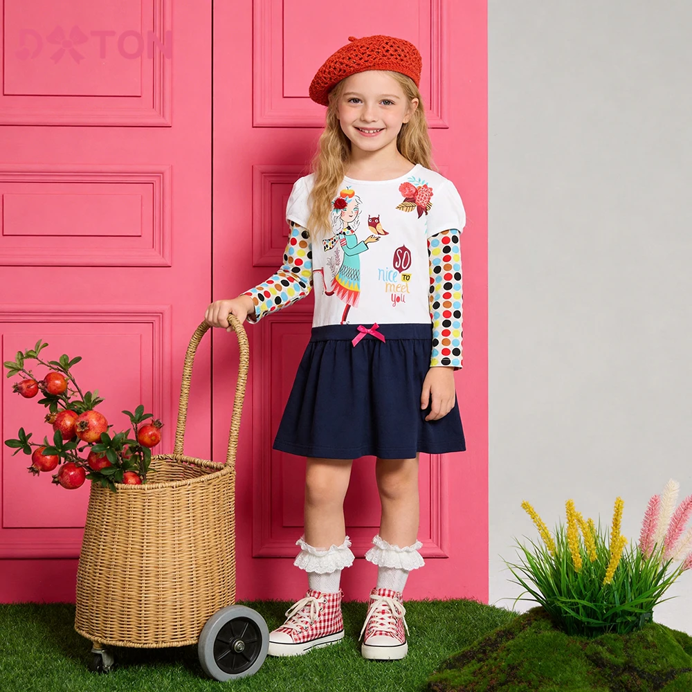 DXTON Long Sleeve Children Dress Colorful Dot Cotton Patchwork Baby Girls Dresses A-line Kids Casual School Letter Print Clothes