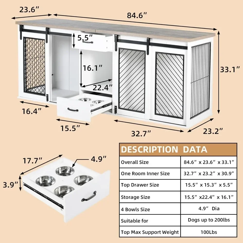 Large Dog Crate Furniture, 85" Sliding Door Double Kennel, Wooden Dogs Crate Kennel Furniture with 4 Dog Bowls and Drawer Indoor