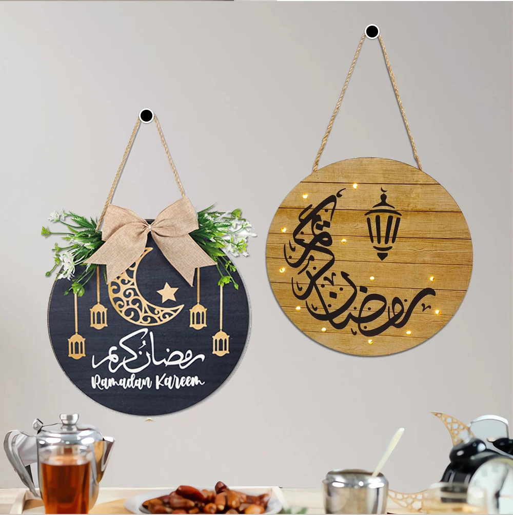 Wooden Ramadan Mubarak Door Wreath Round Hanging Sign Ornament Eid Mubarak Decoration Ramadan Kareem Islamic EIID Party Supplies