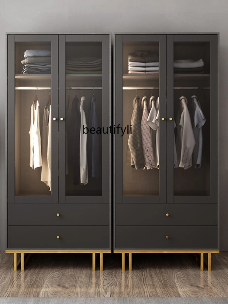 HJ Wardrobe with Lights Two Doors Simple Nordic Simple Modern Storage Assembled Economical Wardrobe