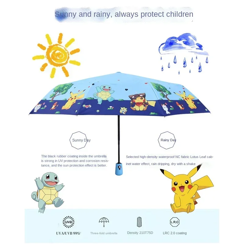 Pokemon Pikachu Children Sun Umbrella Folding Rain Hand Push Sun Protection Sun Shade Black Glue Boys Girls Windproof Umbrella