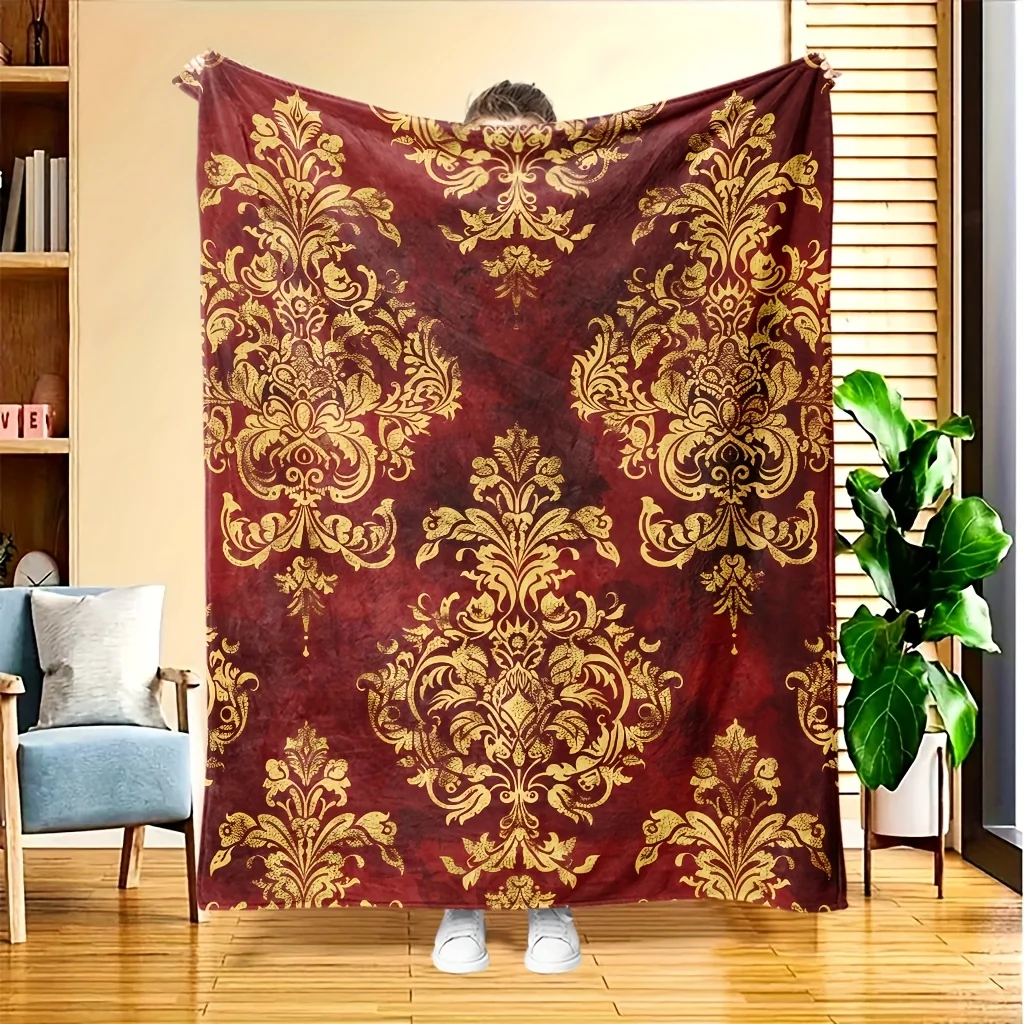 Baroque Golden Floral Damask Print Blanket,Cozy Light Flannel Throw For Couch Office Camping, Wine Red Base Elegant Home Blanket