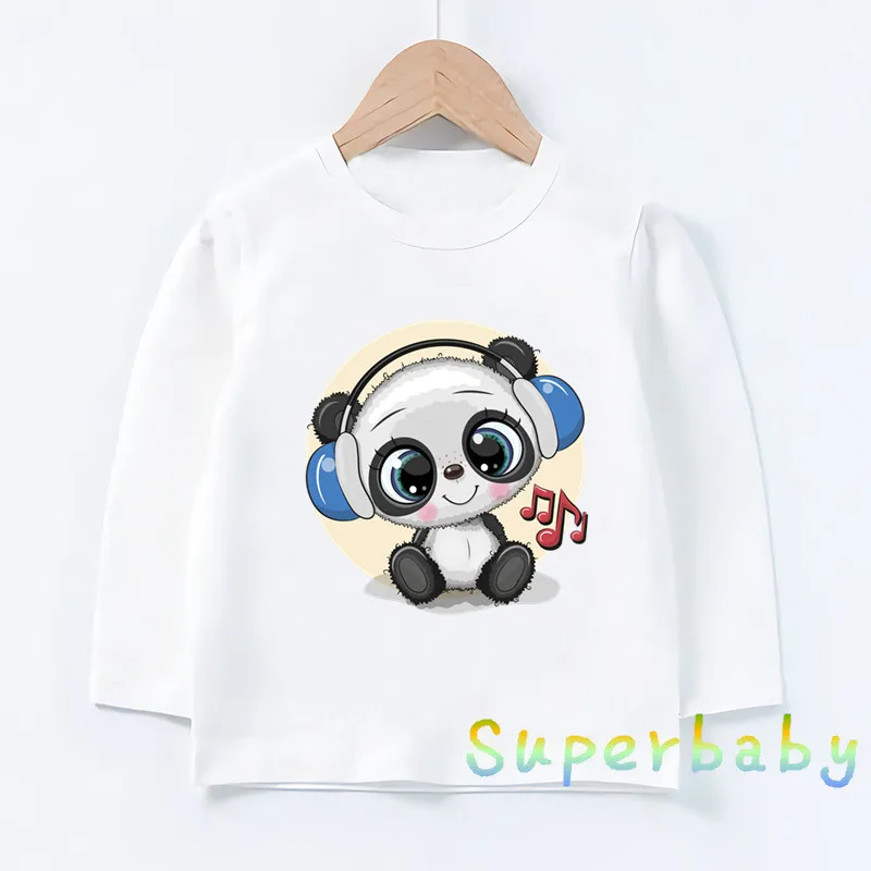 Cute Panda Listen To Music Cartoon Print Funny Kids T-shirts Boys T shirt Kawaii Baby Girls Clothes Long Sleeve Children Tops