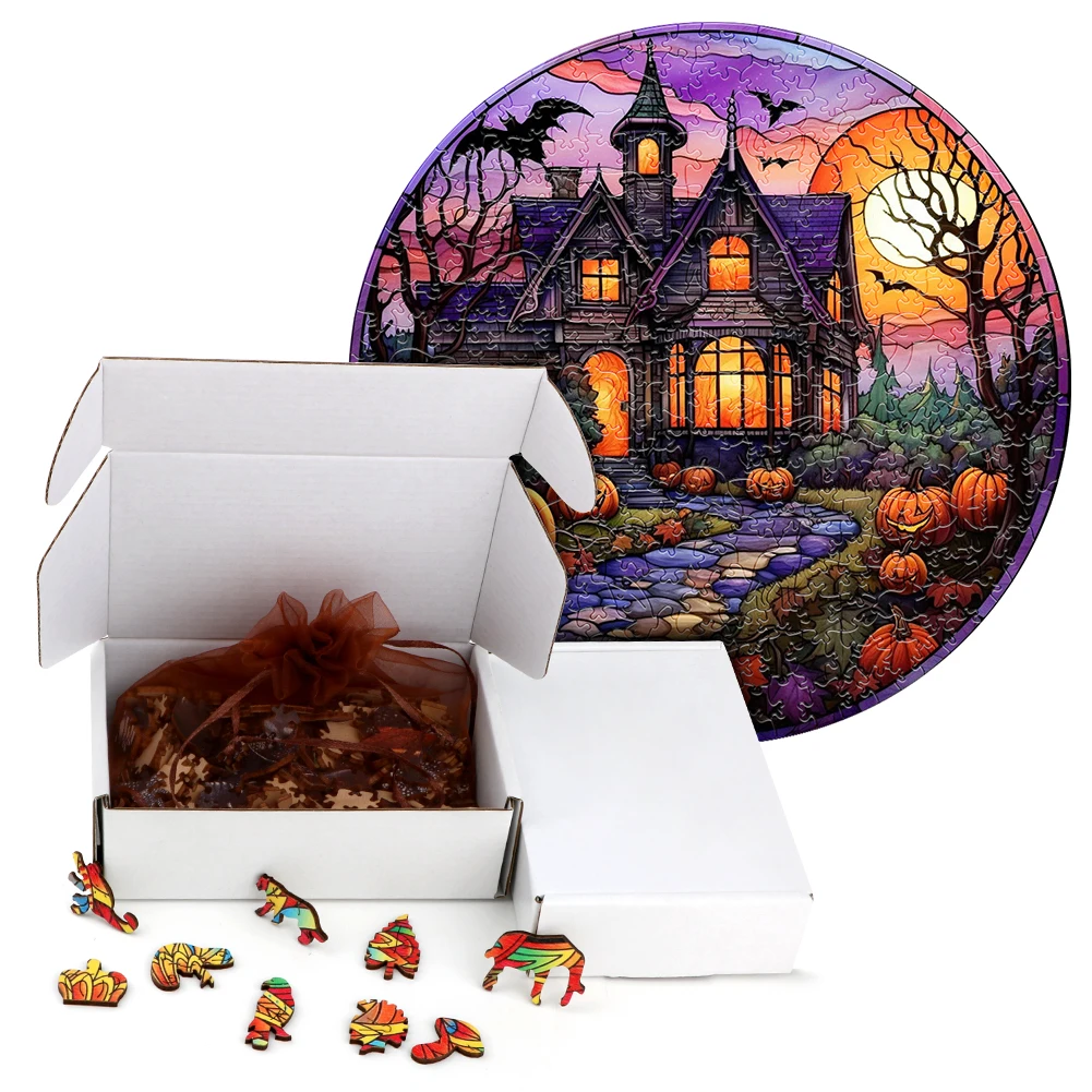 Halloween Wooden Puzzle Dark Castle Funny Toy Animal Wood Puzzles Smart Games Round Shaped Jigsaw Puzzle Best Gift For Adults