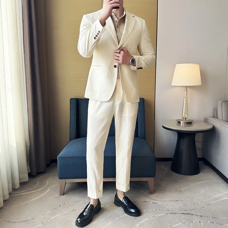 

( Jacket+Pants ) 2024 Italian Luxury Men High-end Linen Suits Formal Groom Wedding Tuxedo Mens Work Party Slim Fit Suit 2 Pieces