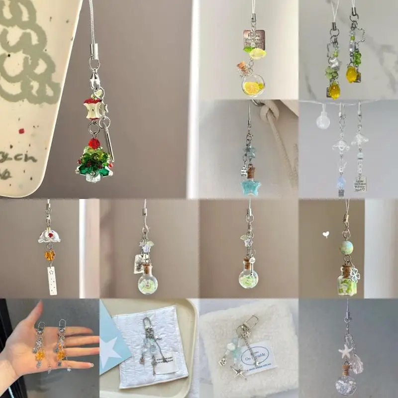 Sweet Christmas Tree Drift Bottle Four-leaf Clover Pendant Phone Strap Keychain Exquisite Backpack Decoration Accessories Gifts
