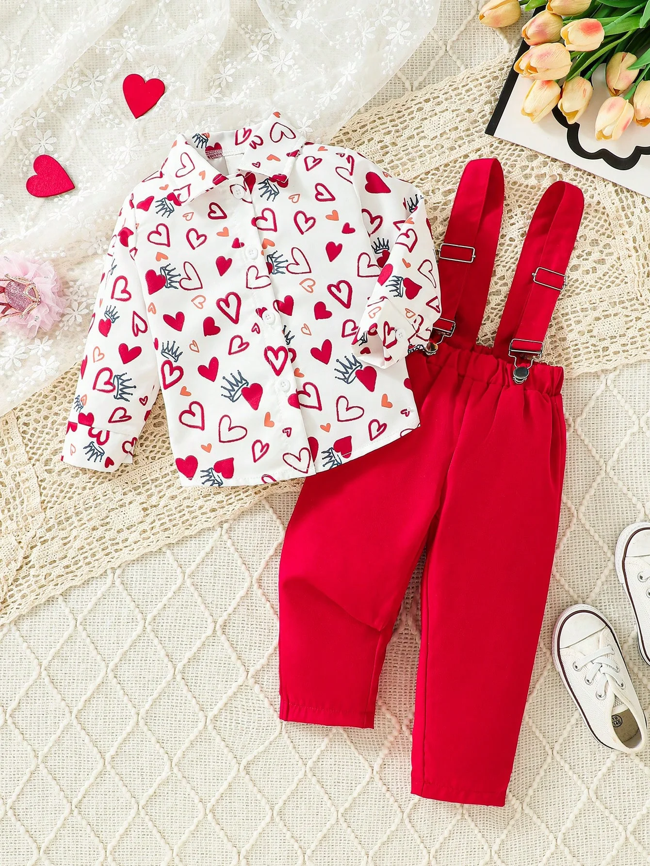 Formal Gentleman Clothes Set for Baby Boys Love Printed Shirt + Red Strap Pants 0-1 Year Old Kids Outfit Children's Wear