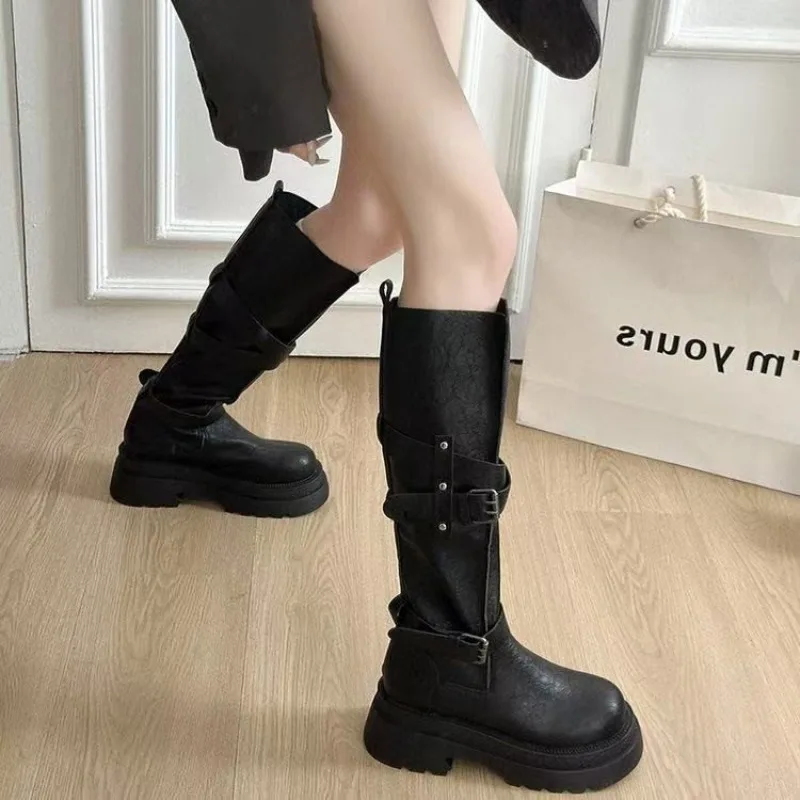 Women's Boots Round Toe Flat Platform Lug Sole Leather-Look Upper Buckle Strap Details Casual Daily Outfits Fall Winter Style