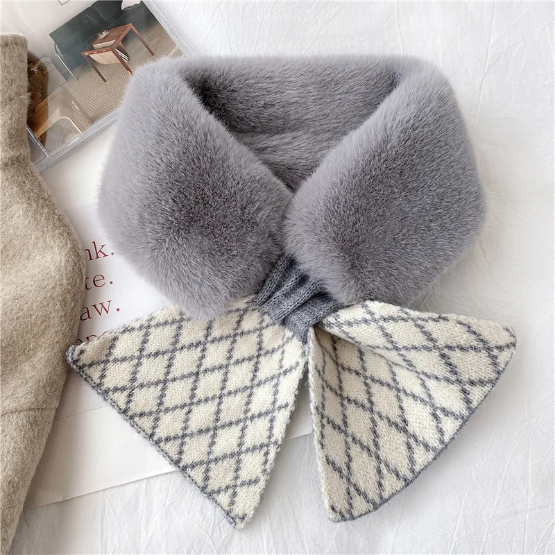 Winter Warm Soft Fluffy Faux Fur Collar Small Neckerchief Narrow Adult Girls Plaid Knitted Scarf