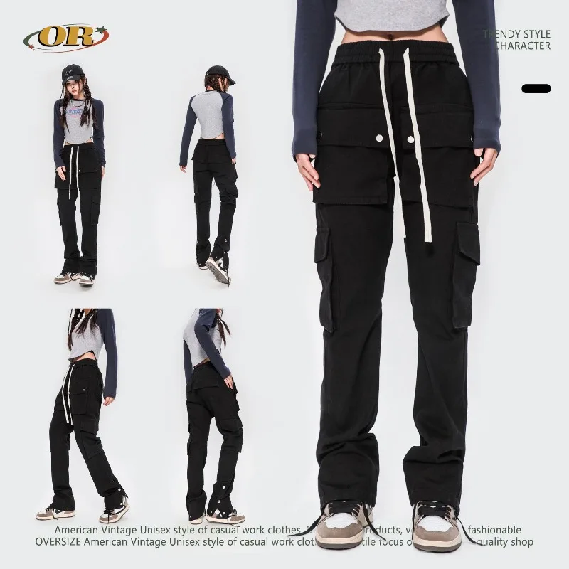 Ou fl europa e américa linha fivela 95 algodão calças de carga feminina high street vibe vários bolsos na moda marca calças femininas