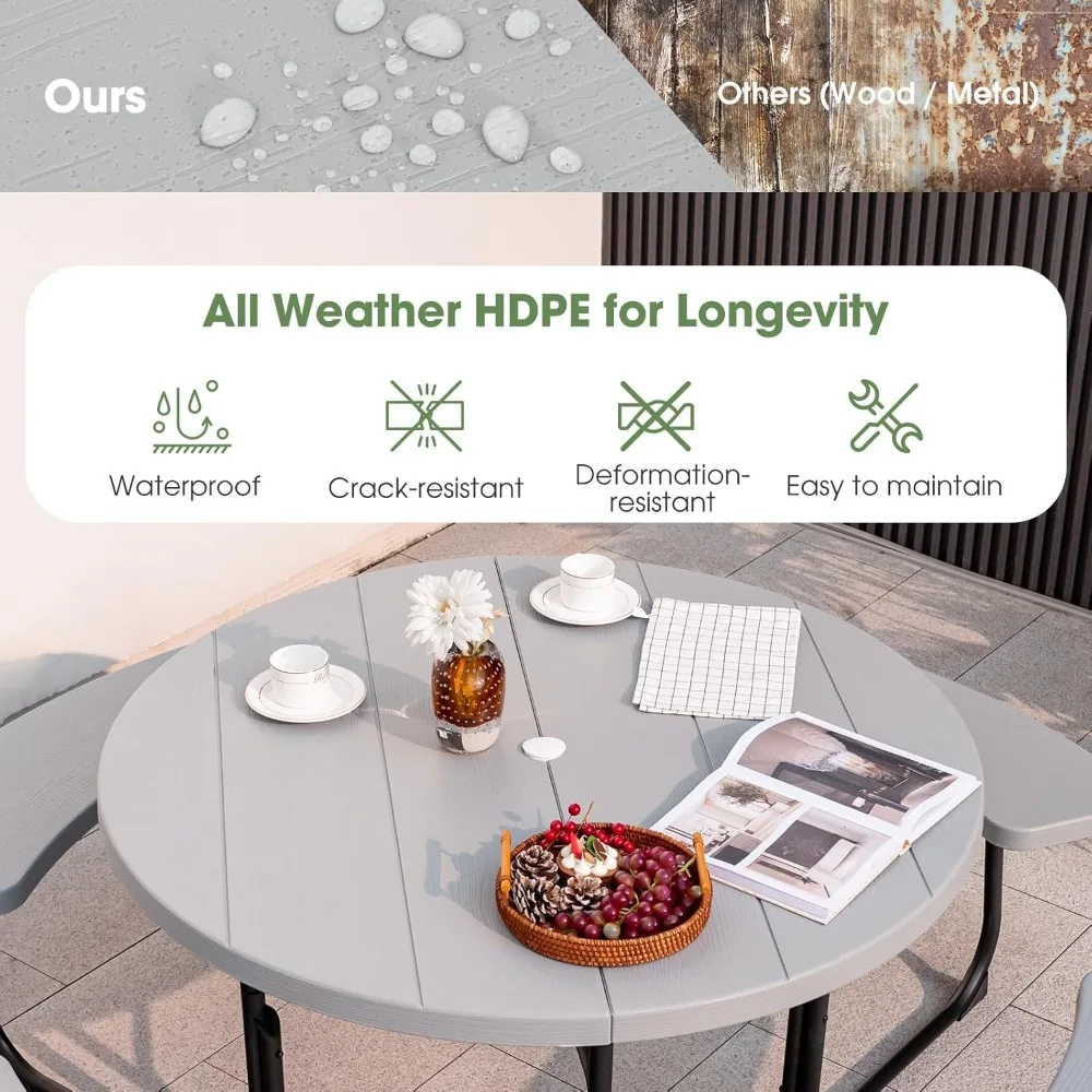 

Picnic Table Set for Up to 8 Persons, Round Outdoor Table with Umbrella Hole, HDPE Top & Metal Frame, for Deck Backyard Garden