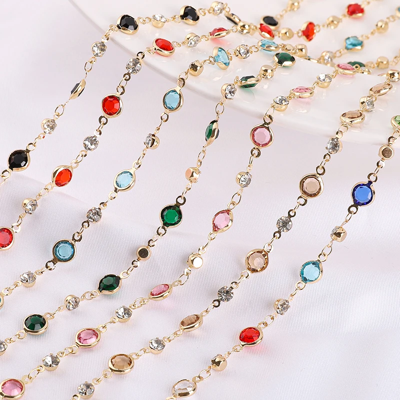 50/100CM/Lot Handmade Width 6.5mm Rhinestone Crystal Beaded Chain Brass Chain for Bracelet Necklace DIY Jewelry Making Findings