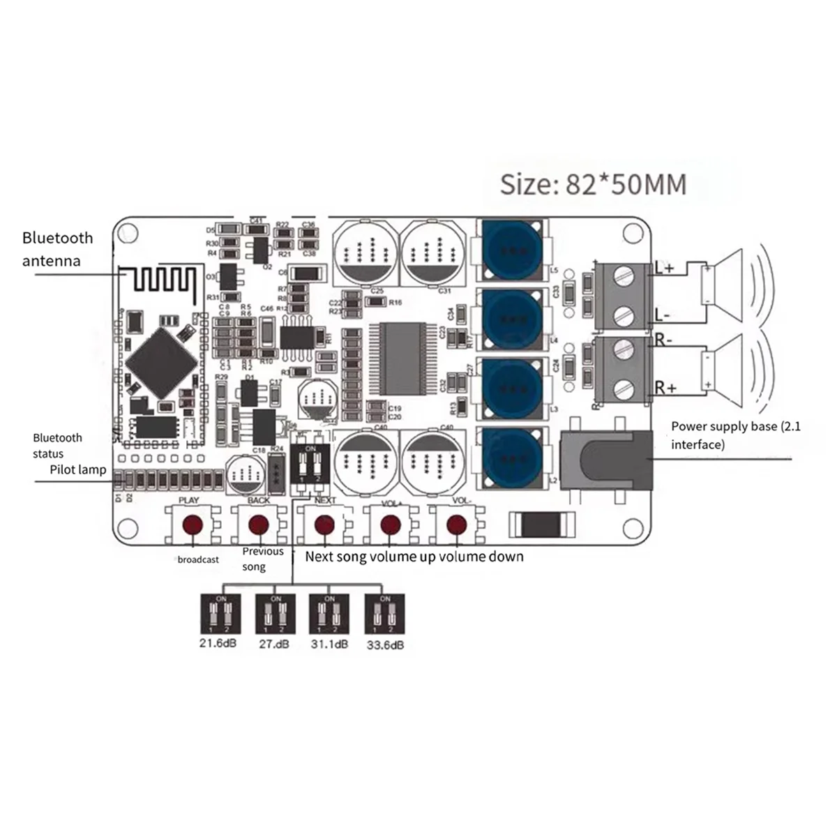 Y16A TDA7492P Módulo de placa amplificadora Bluetooth Amplificador receptor de áudio Bluetooth CSR4.0 Módulo de placa amplificadora digital