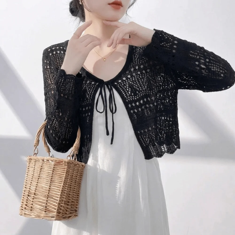 

Новый ажурный вязаный кардиган с V-образным вырезом, длинными рукавами, защита от солнца, повседневная тонкая верхняя одежда для женщин