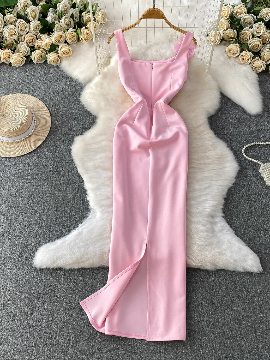 Abito da sera Ele da donna di fascia alta impreziosito slim fit colletto quadrato lungo Dr Ball Dr Sli ricamo floreale 3D