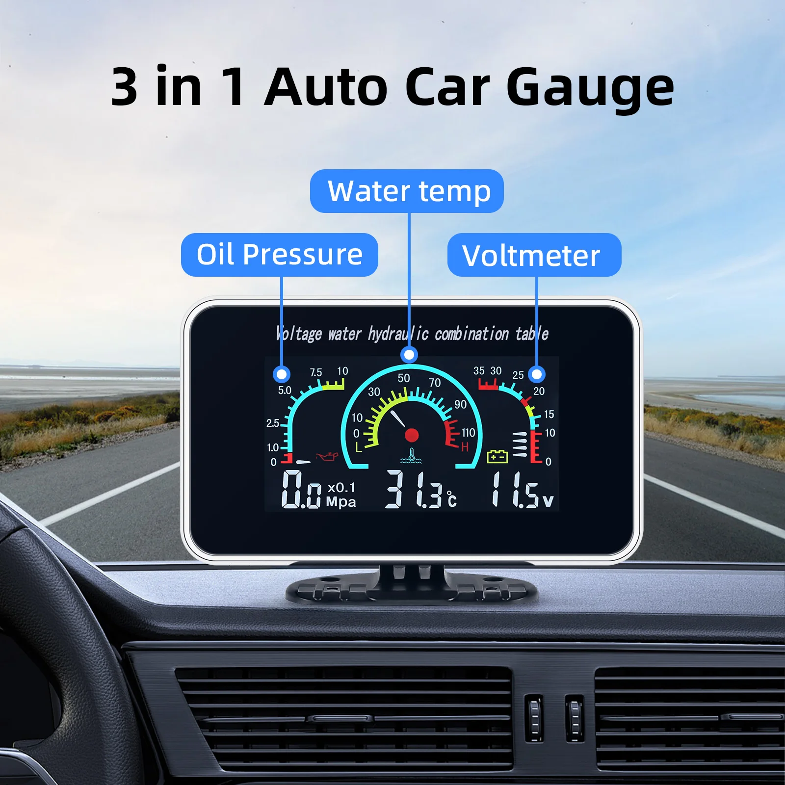 3 In 1 Car Digital Voltmeter Oil Pressure Water Temp Meter With 1/8 NPT Oil Pressure Sensor For Car Truck LCD Dashboard 12V 24V