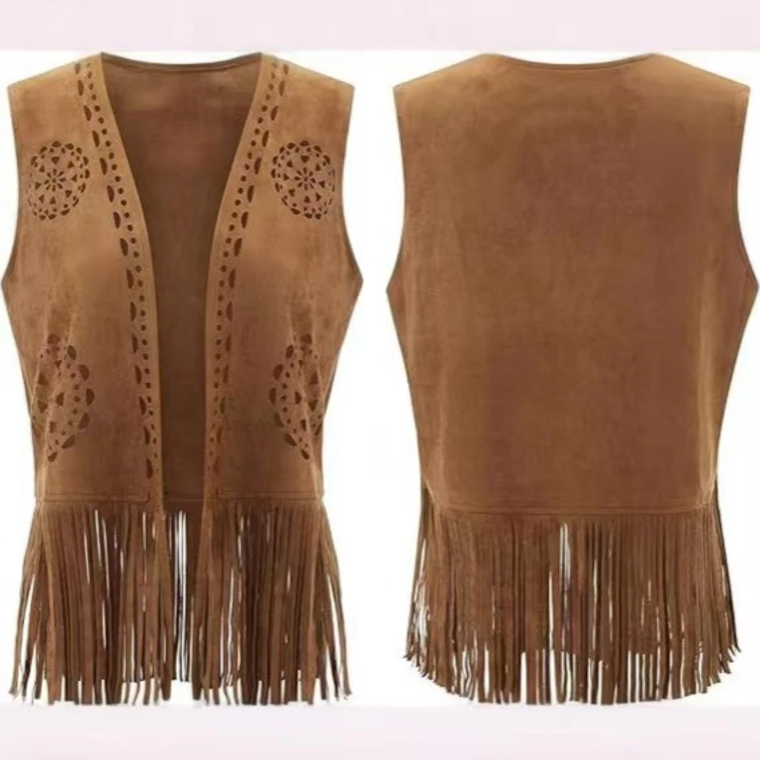 Women's Vintage Tassel Jacket Vest Fashion Fringe Faux Suede Waistcoat Western Cowboy Casual Open Front Sleeveless Tassel