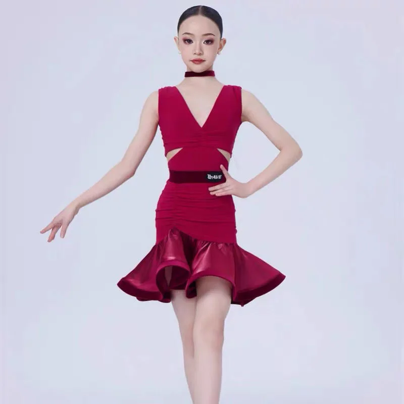 

children's red dress latin dance dresses Competition dress child kid children professional latin dance dress girl dance costume