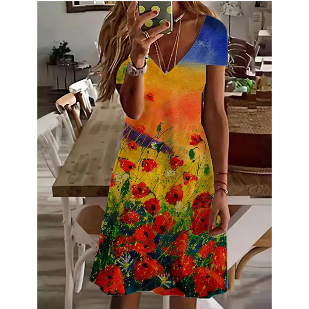 Women Casual Short Sleeve T-shirt Mini Dress Basic Colorful Floral Flower Butterfly Funny 3d  Print Vacation Dresses For Beach