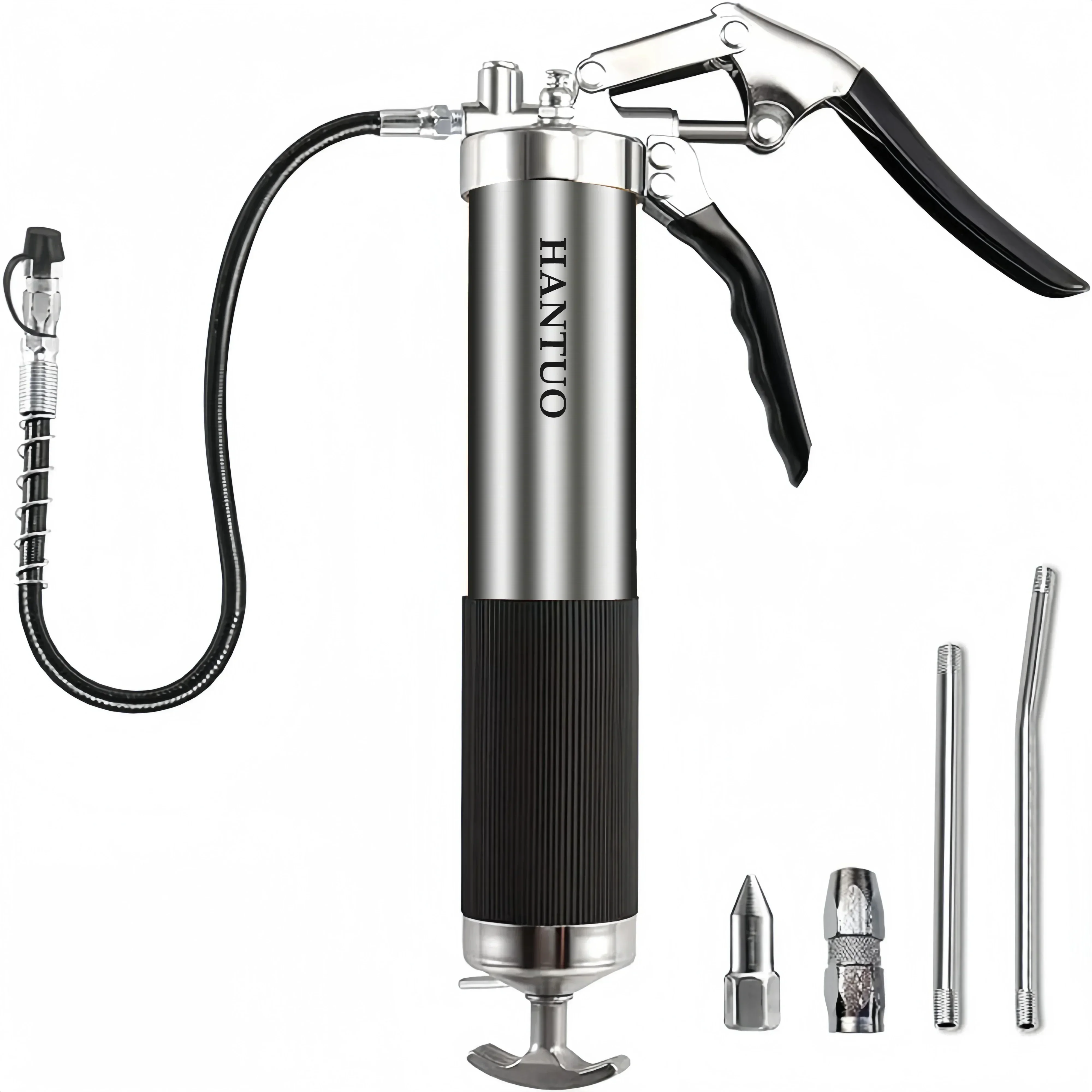 7000 PSI Grease Gun with Pistol Grip 14oz Load 18Inch Spring Flex Hose 2Couplers 2Extension Rigid Pipes Sharp Nozzle for Mainten