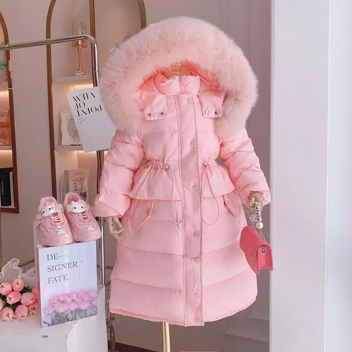 2024 Winter Girls Down Clothes Fashion Long Fur Hooded Cotton Padded Jacket Kids Warm Slim Waist Children Outerwear  XMP390