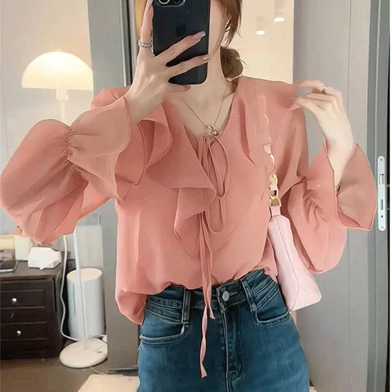 

Spring Autumn New Solid Color Fashion Ruffled Neck Blouse Women High Street Casual Elegant Lacing Bow Patchwork Chic Pullovers
