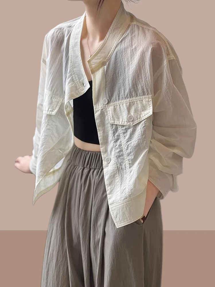 

Lightweight ort Casual Long Sve Stand Collar Jaet Women's Summer Design Sensation Open Cardigan Top for Small Figures