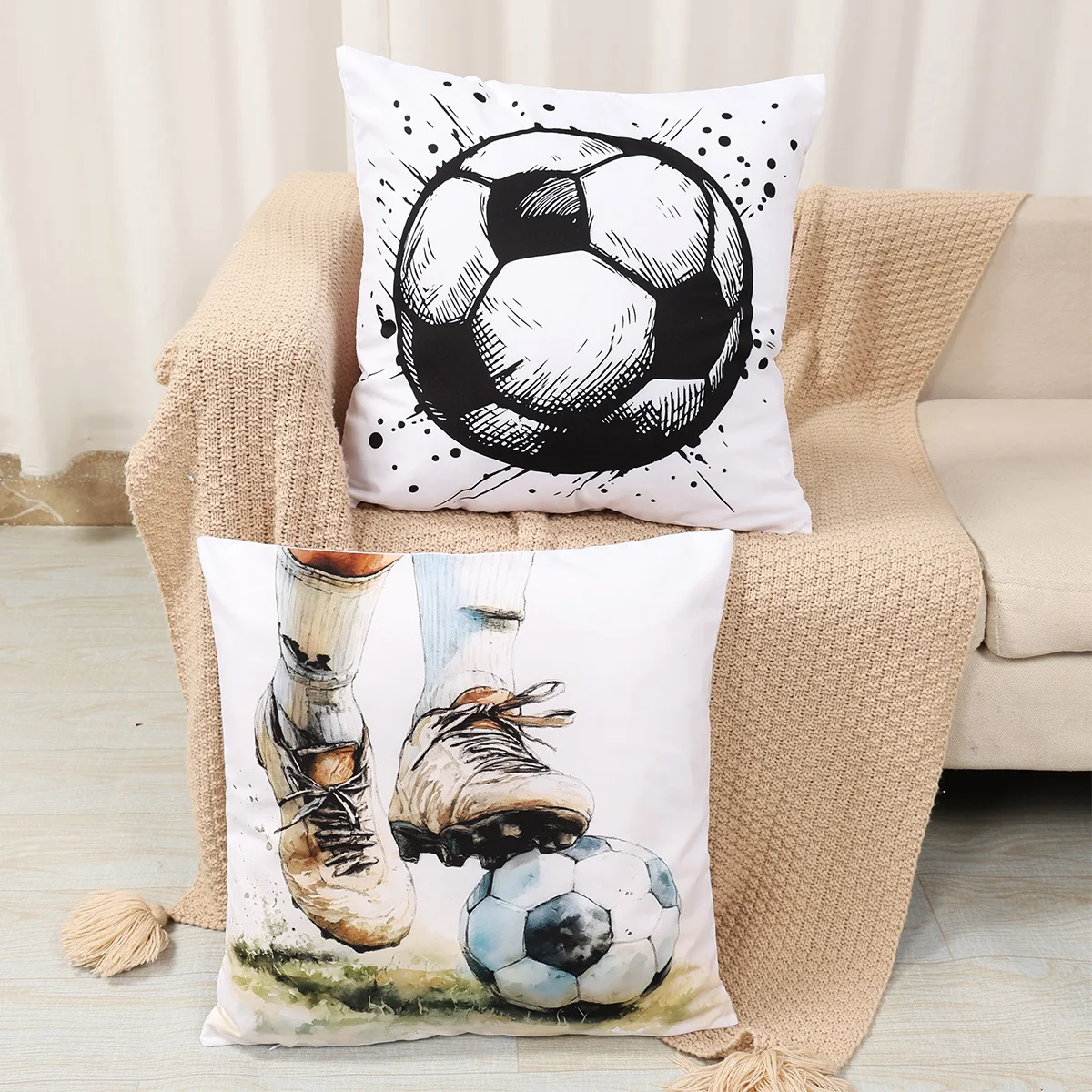 45x45cm Fußball Fußball Sport Aquarell Kissenbezug Druck Polyester Kissenbezug Dekor Kissenbezug Abdeckung Home Decor