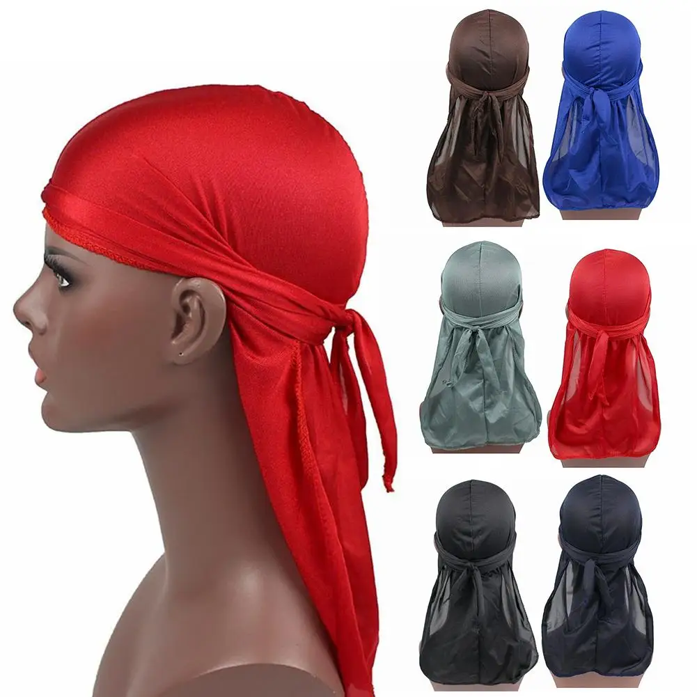 Men Satin Stretchy Cap Hip Hop Du Doo Rag Durag Wigs Solid Color Bandana Accessories Tail Turban Hat Long Down Headwear Tie W8w3