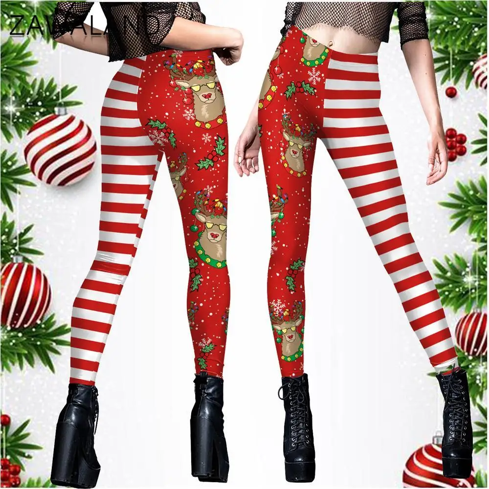 Zawaland New Leggings for Women Funny 3D Digital Printing Christmas Leggings Sexy Stripe Elastic Christmas Gift Skinny Legging