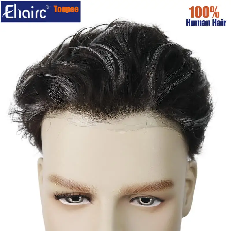Highlighted 0.06-0.08MM Microskin Male Hair Prosthesis Fashion Knotted Men's Capillary Prothesis Toupee Men Wigs 100% Human Hair