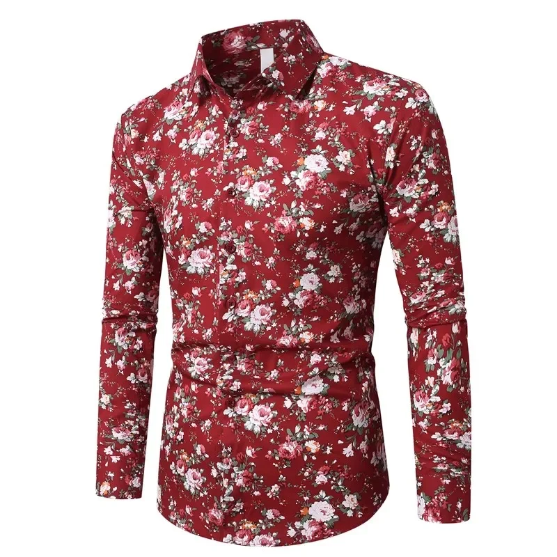 رجل طويل الأكمام الأزهار قمصان جديدة خمر القطن قمصان طويلة الأكمام هاوايان الفقرة Hombres الرجال عطلة فستان الحفلات قميص 6XL #4