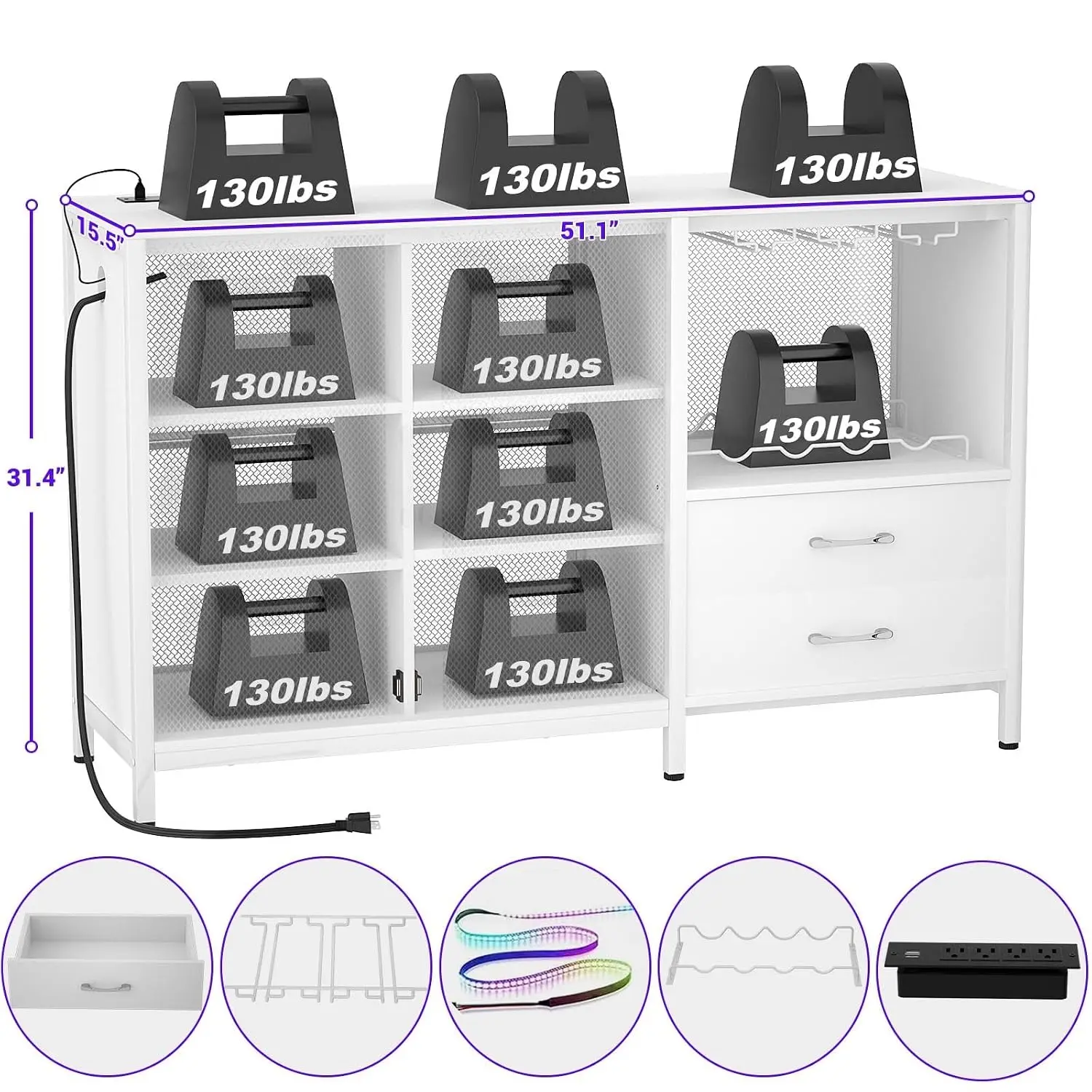Casual Modern Sideboard Buffet with Wine Rack & Holder, Metal Wood Finish White Storage Cabinet Includes Hardware, Customized