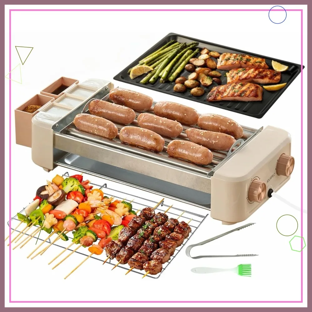 

Electric Hot Dog Roller 6 Rollers, 3-in-1 Grill & Griddle, Stainless Steel, Smokeless, Removable, for Family Party