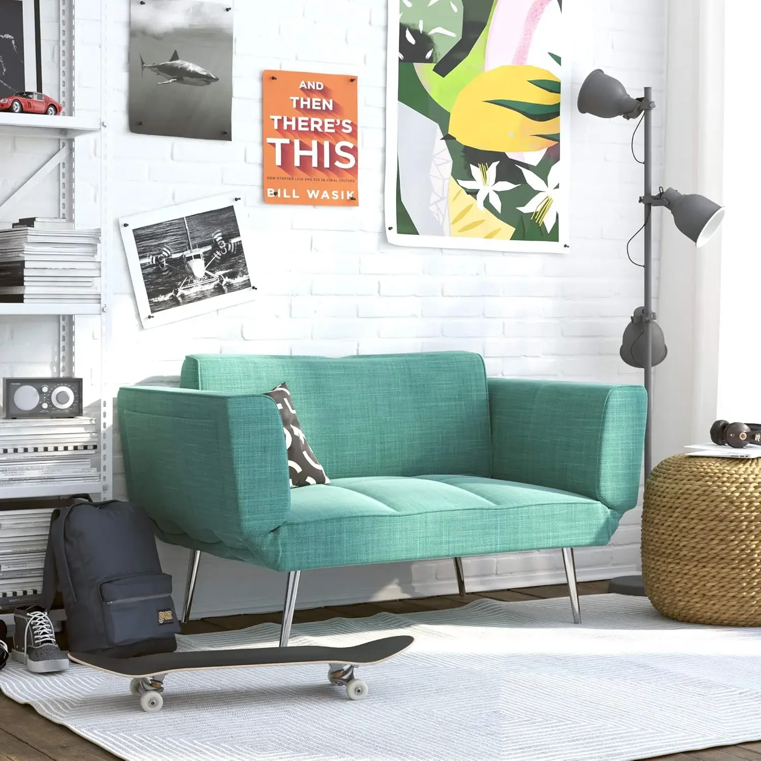 Loveseat with Magazine Storage, Adjustable Sofa Bed Armrests to Convert into a Couch Sleeper, Teal Futon