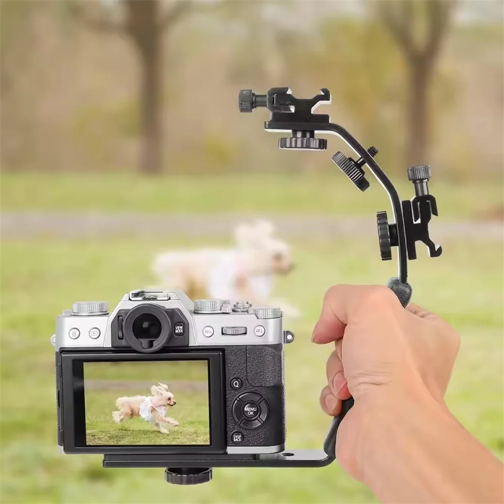 Camera L Bracket Mount Video Grip L-Bracket Dual Flash Cold Shoe Mount 1/4 inch Tripod Screw, Heavy Duty Padded Hand Grip Dslr