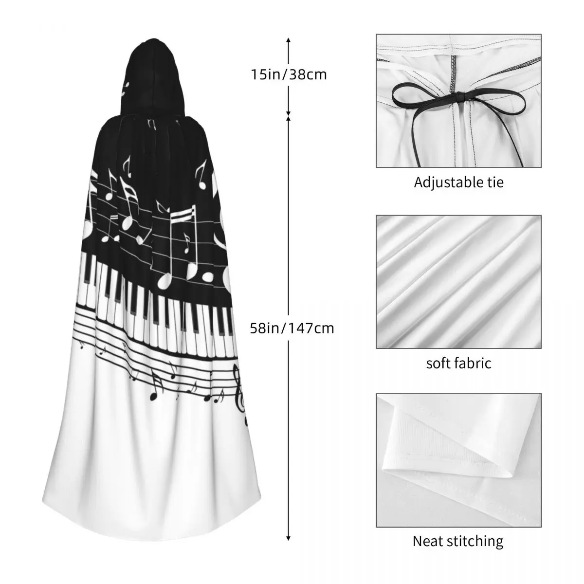 Abstract Piano Keys With Musical Notes Hooded Cloak Polyester Unisex Witch Cape Costume Accessory