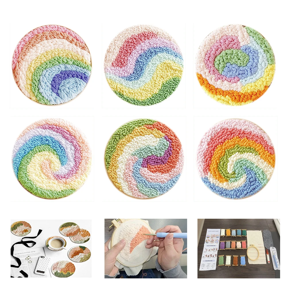 

6pcs Landscape Design Punch Needle Embroidery Coaster Kit Cloth Hoop Yarn Punch Needle Instruction Supplies for Crafters