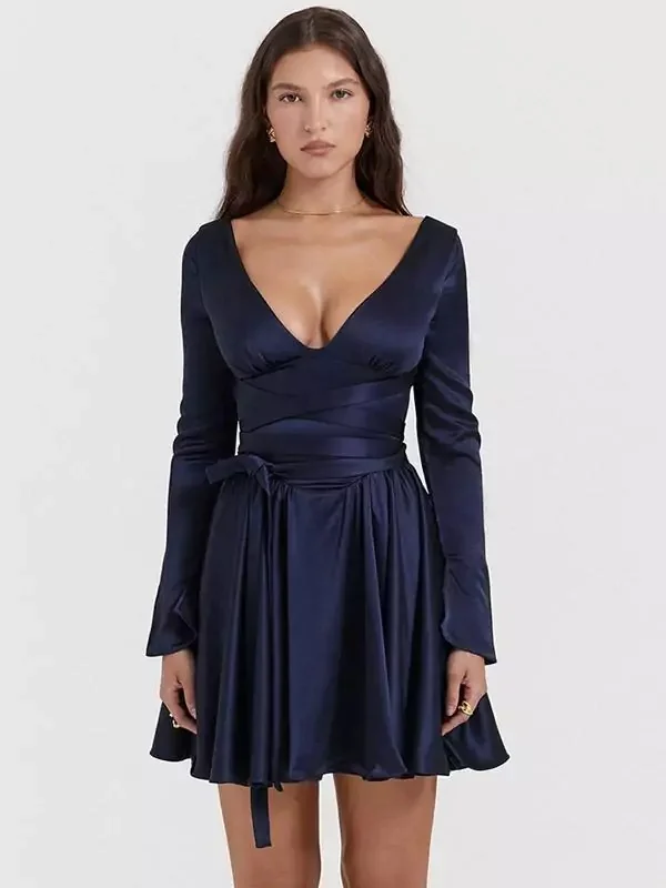 

Сексуальные Charmeuse Criss-Cross Sash со складками и бантом, мини-платья трапециевидной формы с v-образным вырезом, платья на заказ, модные размеры в наличии