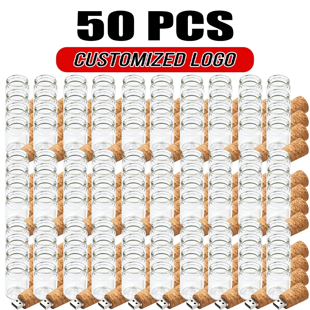 50PCS/LOT Free Logo USB 2.0 Glass Drift Bottle Flash Drive Stick 8G 16GB 32GB 64G128G Actual Capacity Pen Drive Wedding Gifts